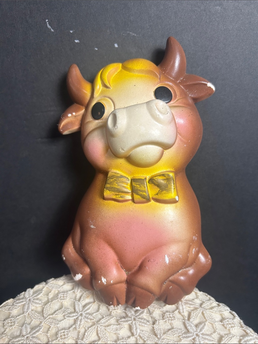 Decorative Ceramic Cow Figurine in Pink and Brown